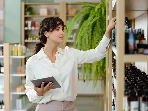 Une vendeuse, une tablette à la main, en train d'examiner des produits de beauté dans une boutique de cosmétiques