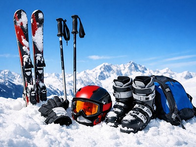 Équipement de ski dans la neige, avec les montagnes en arrière-plan
