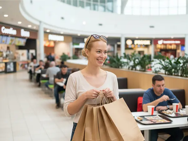 Une femme portant des sacs de courses dans un centre commercial