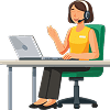 Illustration représentant une femme assise à un bureau, un ordinateur devant elle et un casque sur la tête