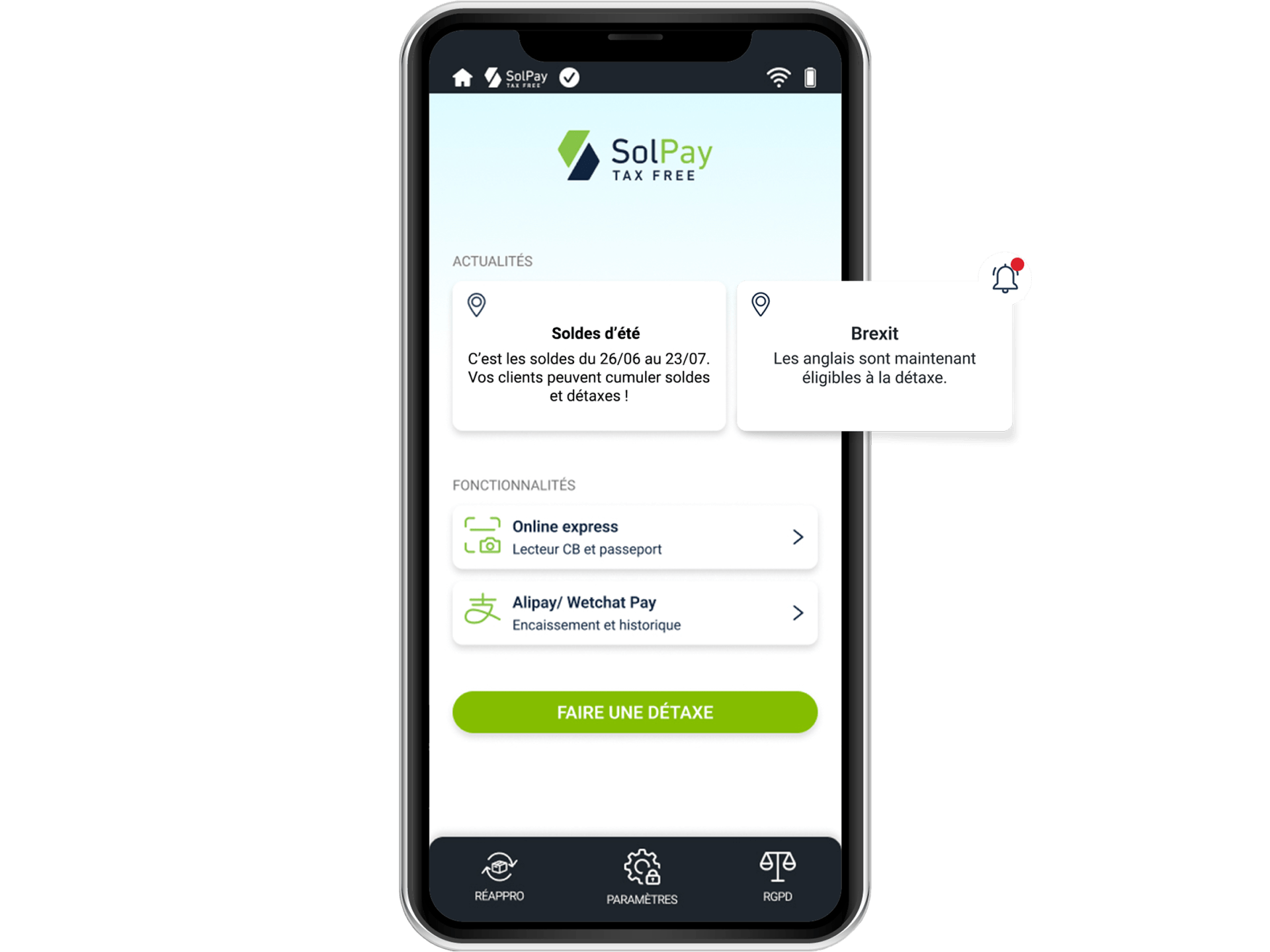 Un téléphone affichant la page d'accueil du logiciel Solpay