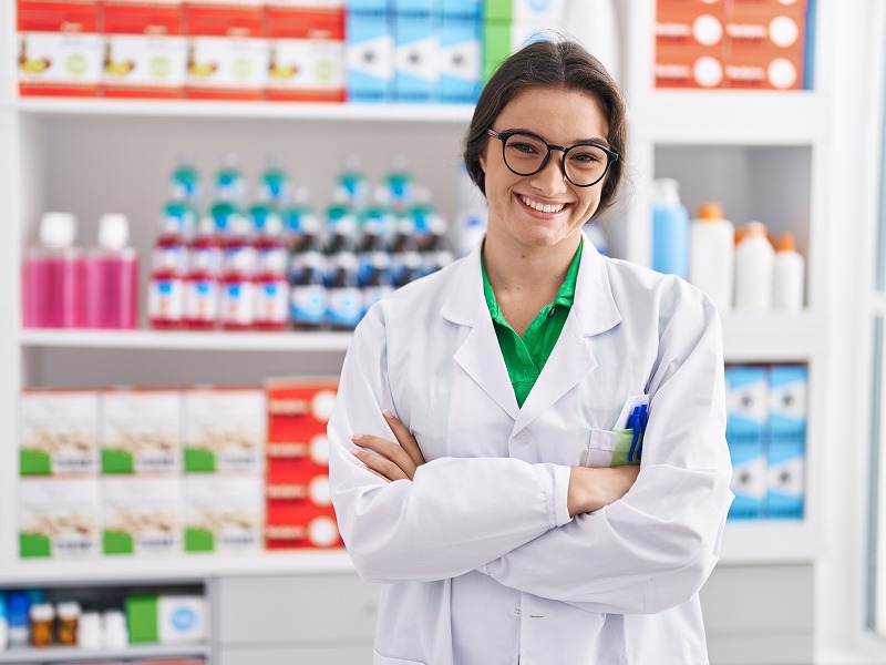 Un pharmacien debout, souriant devant des médicaments