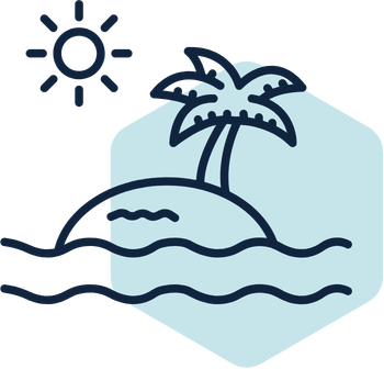 Icono que representa una pequeña isla con una palmera de coco y el sol sobre ella