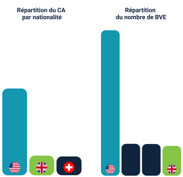 Répartition du chiffre d'affaires et du nombre de bordereaux de vente à l'exportation (BVE)